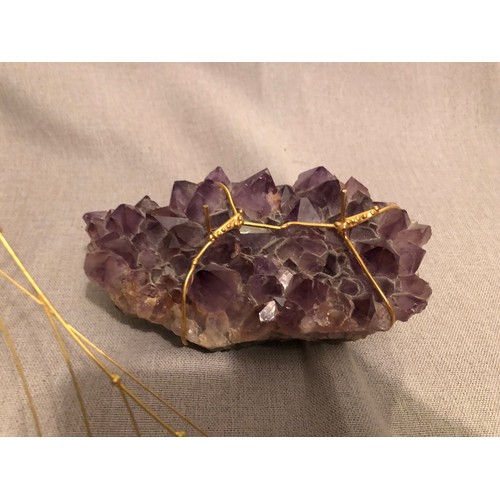 148 - 24 Kt gold plated Italian hand made metal ship on a large Amethyst crystal specimen