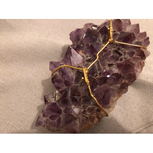 148 - 24 Kt gold plated Italian hand made metal ship on a large Amethyst crystal specimen