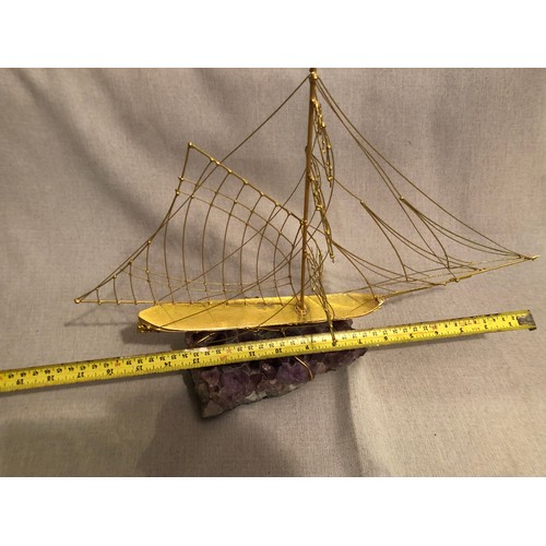 148 - 24 Kt gold plated Italian hand made metal ship on a large Amethyst crystal specimen