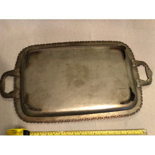 149 - Large and heavy United Arab Emirates white metal serving tray with Eagle embossed detail.