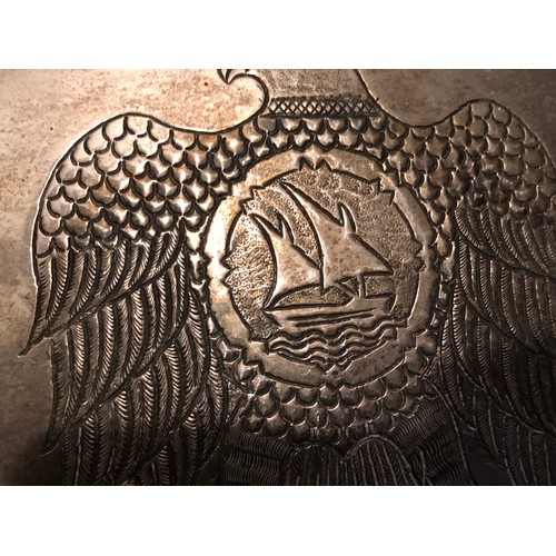 149 - Large and heavy United Arab Emirates white metal serving tray with Eagle embossed detail.