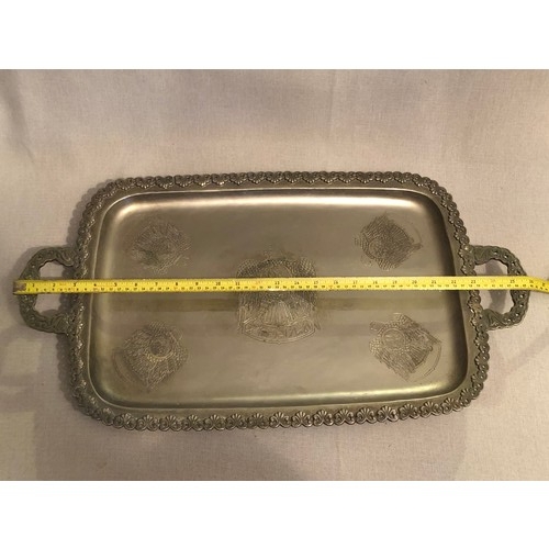 149 - Large and heavy United Arab Emirates white metal serving tray with Eagle embossed detail.