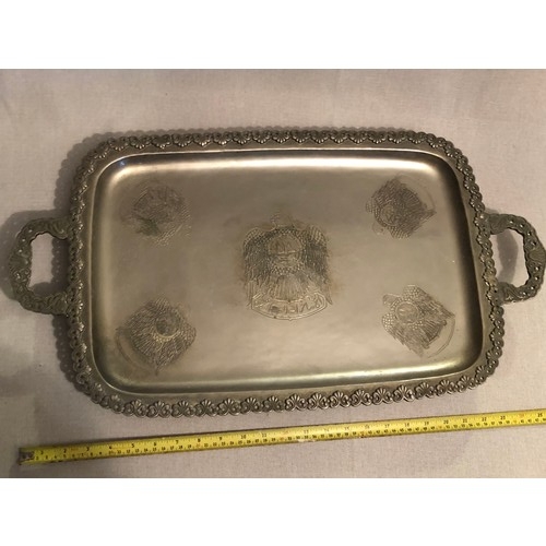 149 - Large and heavy United Arab Emirates white metal serving tray with Eagle embossed detail.