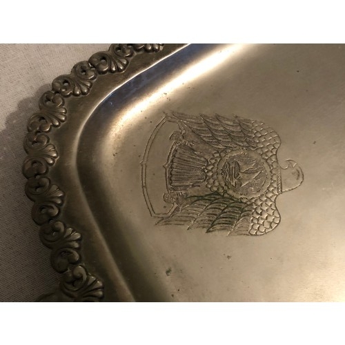 149 - Large and heavy United Arab Emirates white metal serving tray with Eagle embossed detail.