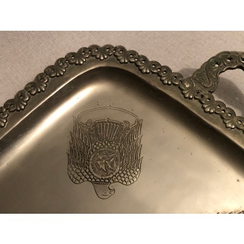 149 - Large and heavy United Arab Emirates white metal serving tray with Eagle embossed detail.