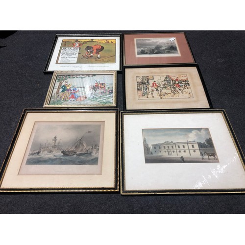 1164 - 6 pictures including lithographic prints and 1 needlepoint hunting scene