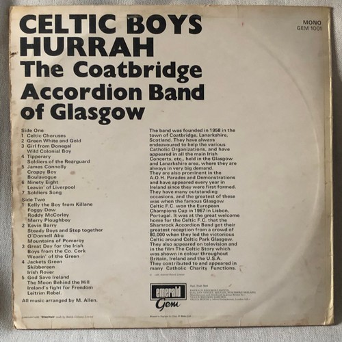 116 - Celtic boys. Hurrah. The Coatbridge accordion band of Glasgow. Emerald gem. Mono GEM 1001