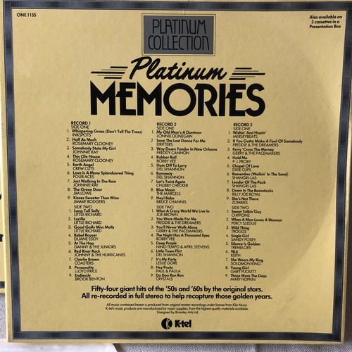 132 - Platinum memories. Over 50 hits from the 1950s and 1960s by the original stars. K-tel . ONE 1155