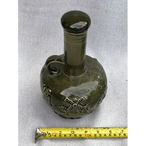 13 - Green Long neck flagon by Arthur Wood Mark Lambeth.