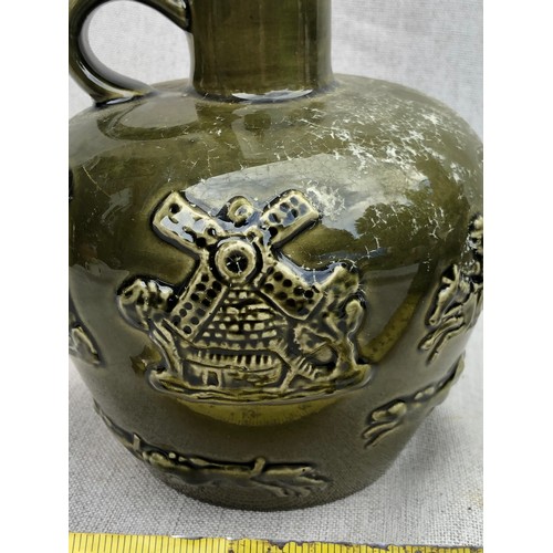 13 - Green Long neck flagon by Arthur Wood Mark Lambeth.