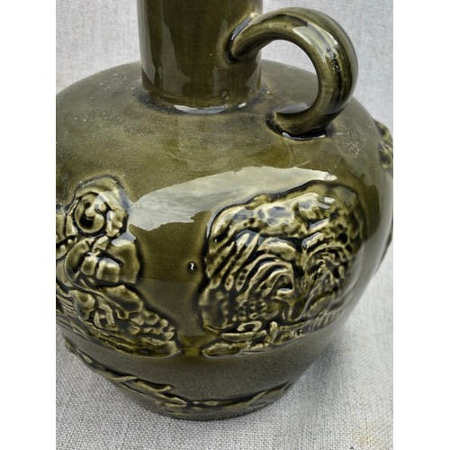 13 - Green Long neck flagon by Arthur Wood Mark Lambeth.