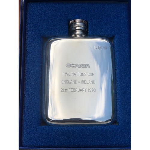 191 - Silver Scania five Nations cup England versus Ireland 21st February 1998 commemorative whiskey hip f... 