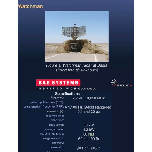 1 - MOD - Watchman Radar System
Plessey Radar England.
Ex MOD
As used at Basra airport in Iraq. 
NSN: 59... 