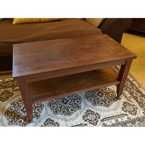 364 - Teak hand made coffee table on wheels