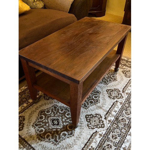 364 - Teak hand made coffee table on wheels