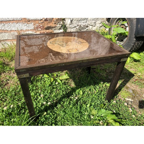 375 - Interesting wooden Brass bound table with glass and globe under