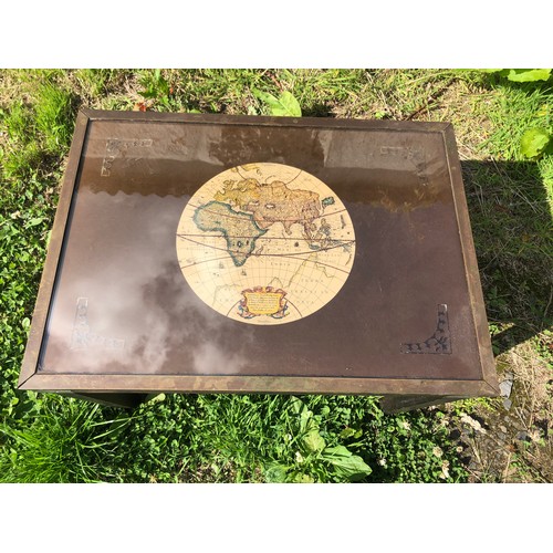 375 - Interesting wooden Brass bound table with glass and globe under