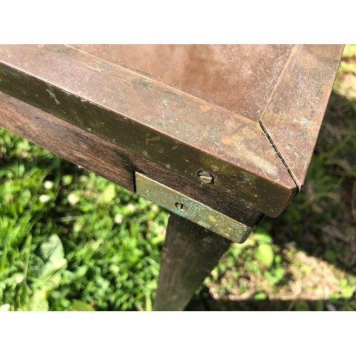 375 - Interesting wooden Brass bound table with glass and globe under