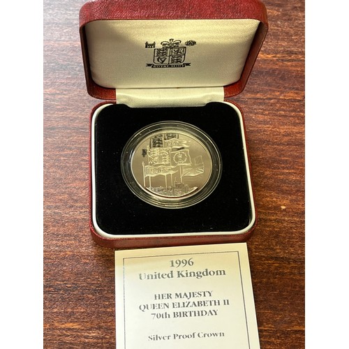 678 - 1996, Queen Elizabeth II, 70th birthday silver proof £5 coin with certificate boxed