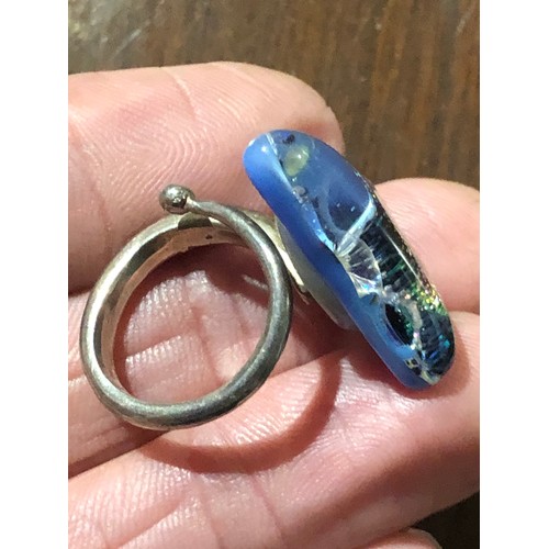 70 - Iridescent glass and silver ring. Adjustable Size J. Tests as silver