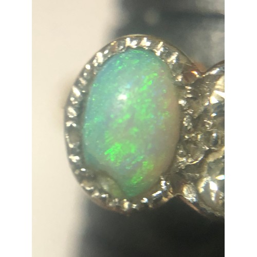 97 - Vintage 18 carat hallmarked gold, green and blue seam opal & diamond set ring. Size N