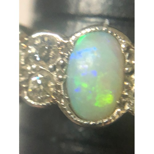 97 - Vintage 18 carat hallmarked gold, green and blue seam opal & diamond set ring. Size N