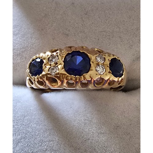 102 - 18ct South African Sapphires & Diamonds 
This yellow gold vintage ring has three (sought after) Sout... 