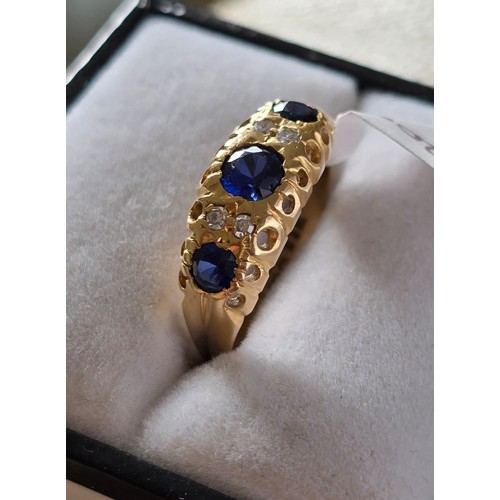 102 - 18ct South African Sapphires & Diamonds 
This yellow gold vintage ring has three (sought after) Sout... 