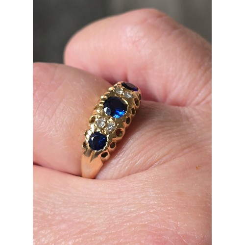 102 - 18ct South African Sapphires & Diamonds 
This yellow gold vintage ring has three (sought after) Sout... 