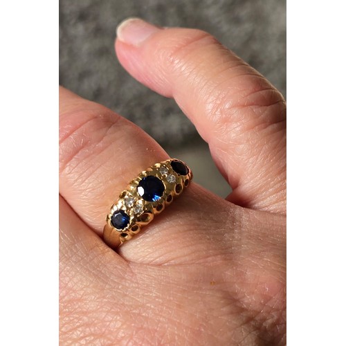 102 - 18ct South African Sapphires & Diamonds 
This yellow gold vintage ring has three (sought after) Sout... 