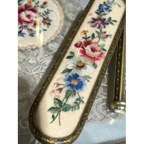 163 - Embroidery and lace antique floral ladies brush set.