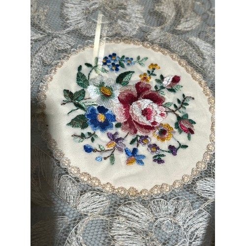 163 - Embroidery and lace antique floral ladies brush set.