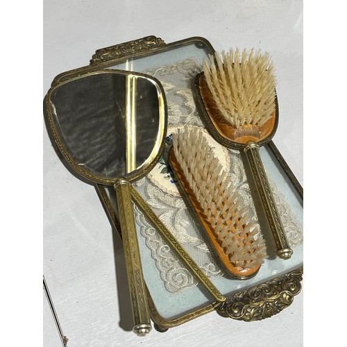 163 - Embroidery and lace antique floral ladies brush set.