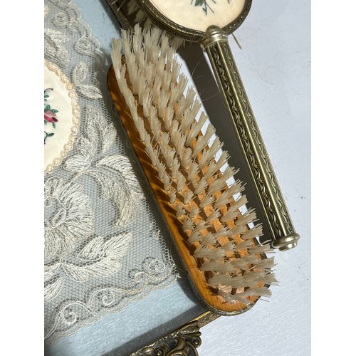 163 - Embroidery and lace antique floral ladies brush set.