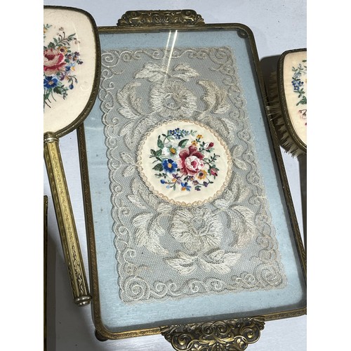 163 - Embroidery and lace antique floral ladies brush set.