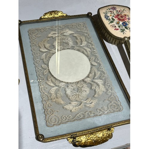 163 - Embroidery and lace antique floral ladies brush set.