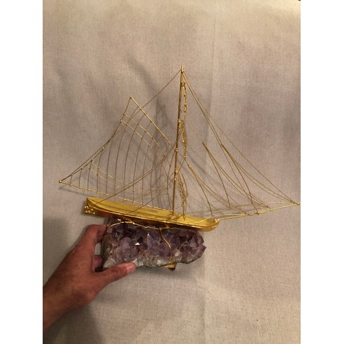 169 - 24 Kt gold plated Italian hand made metal ship on a large Amethyst crystal specimen