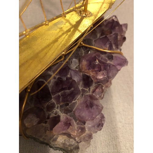 169 - 24 Kt gold plated Italian hand made metal ship on a large Amethyst crystal specimen