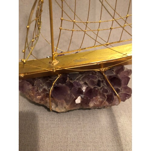 169 - 24 Kt gold plated Italian hand made metal ship on a large Amethyst crystal specimen