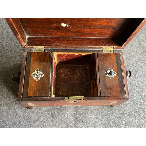 217 - Fabulous Edwardian Walnut wood Tea caddy with inlaid Mother of Pearl  floral scrolls. No key and ins... 