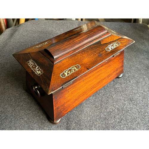 217 - Fabulous Edwardian Walnut wood Tea caddy with inlaid Mother of Pearl  floral scrolls. No key and ins... 