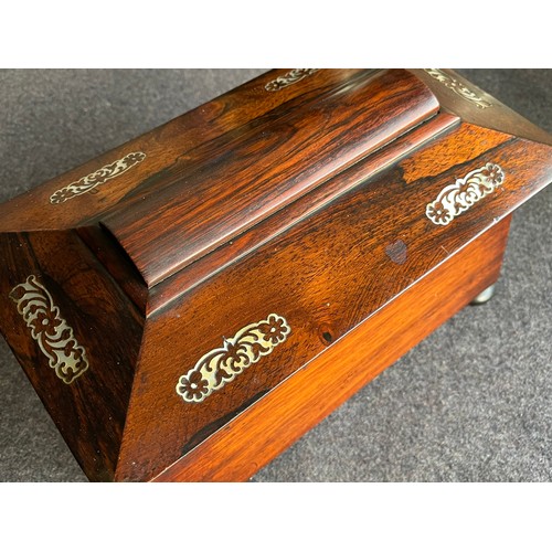 217 - Fabulous Edwardian Walnut wood Tea caddy with inlaid Mother of Pearl  floral scrolls. No key and ins... 