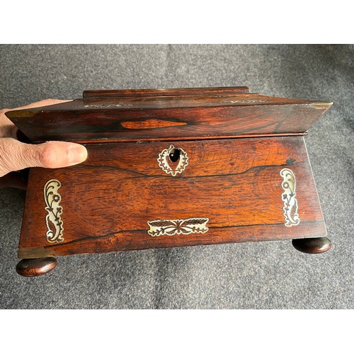 217 - Fabulous Edwardian Walnut wood Tea caddy with inlaid Mother of Pearl  floral scrolls. No key and ins... 