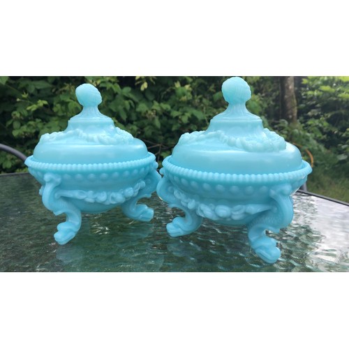 282 - Pair of interesting blue glass dish, probably French or American (Portieux or Westmoorland)