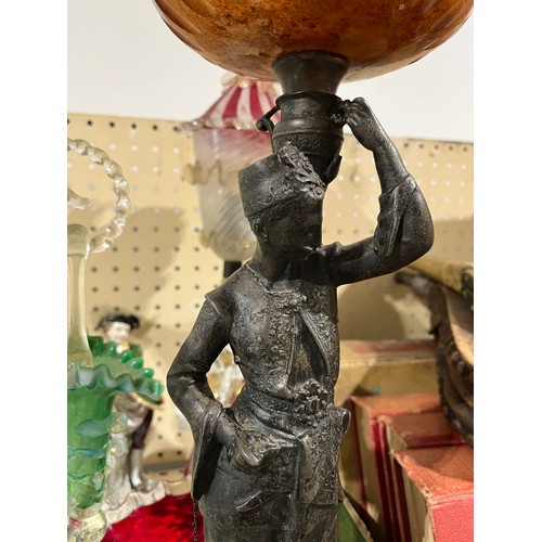 336 - Art Nouveau Spelter lady oil lamp on marble plinth with burner and funnel