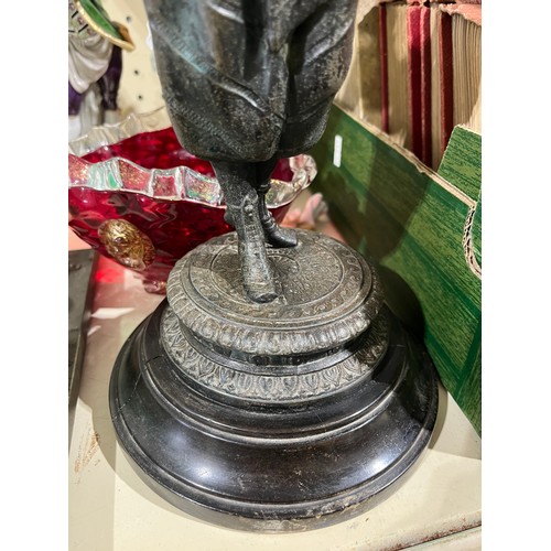 336 - Art Nouveau Spelter lady oil lamp on marble plinth with burner and funnel