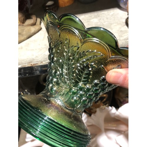 342 - Carnival glass green and gold pressed glass vase