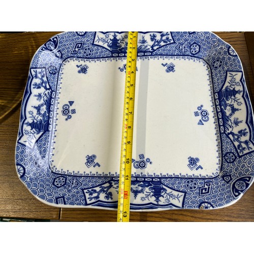 373 - Large Samuel Ford, 'Cypress' Pattern Pagoda blue and white platter marked Cypress under glaze in blu... 