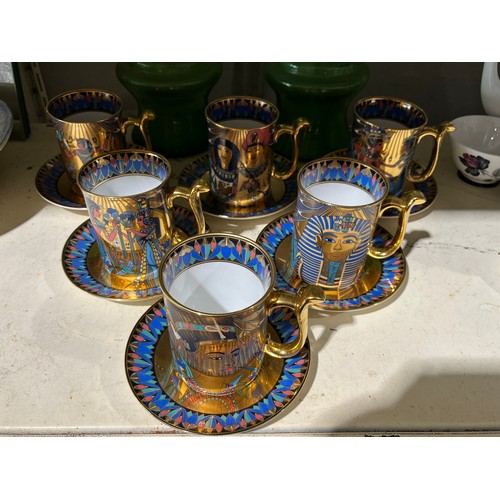 378 - 6 Tutankhamun Egyptian Mugs by Compton Woodhouse. Wonders Nile Cups & Saucers Circa 1995