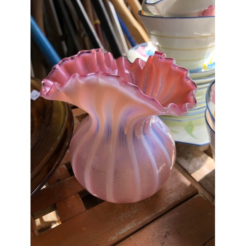 418 - Powell Whitefrairs pink fluted posy vase with opaline stripes.